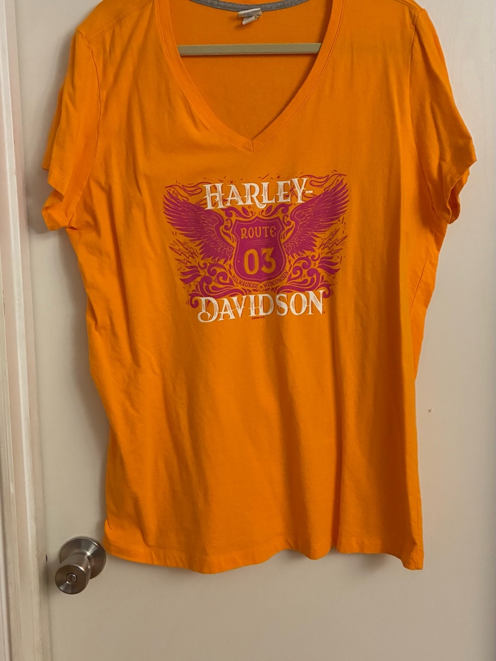 Harley-Davidson Orange V-Neck Tee with Pink and White Graphic
